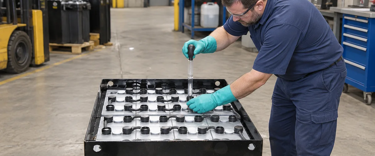 Técnico inspeccionando una batería industrial de tracción